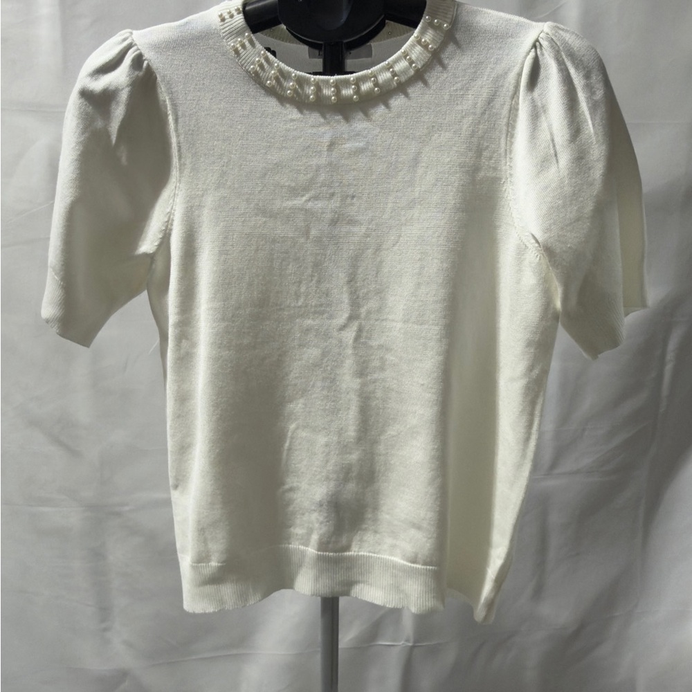 DR2 Cream Short Sleeve Top with Pearl Accents -S